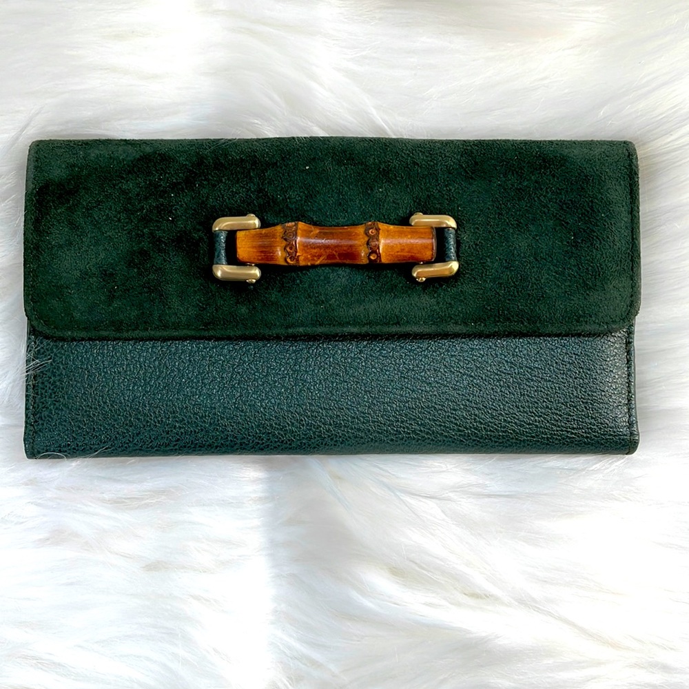 Gucci Vintage Green SuedeLeather Bamboo Wallet Gem
